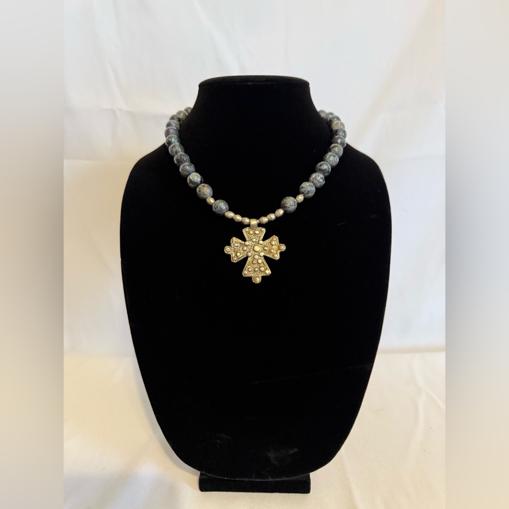 Chic Beaded Necklace with Silver Cross Pendant